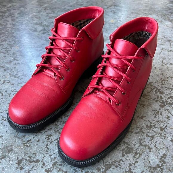 Vintage Danexx Red Leather Lace Up Ankle Boots Plaid Lined 8.5 M - Picture 6 of 8